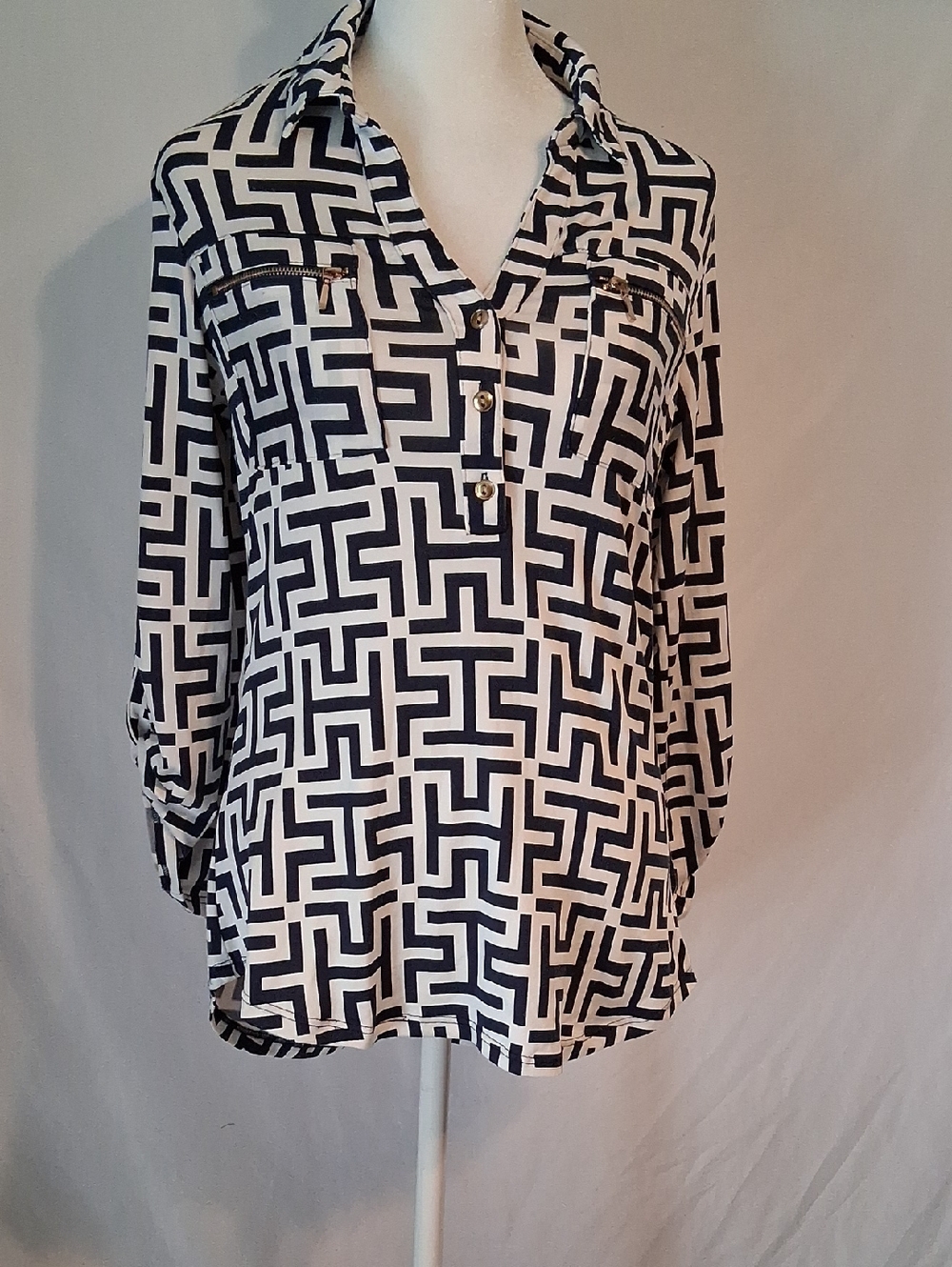 d.n.a. couture Navy and White Geometric Tunic Blouse